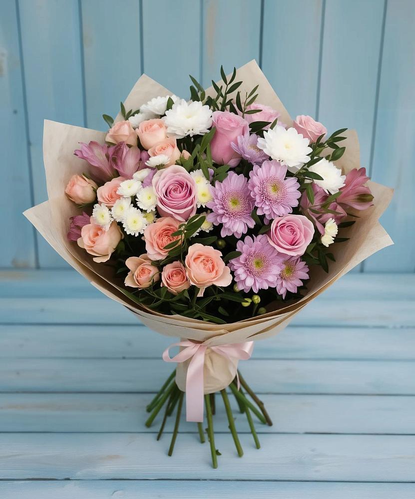 Букет цветов из: Хризантемы, Розы и Альстромерии в Никольское Ленинградская область