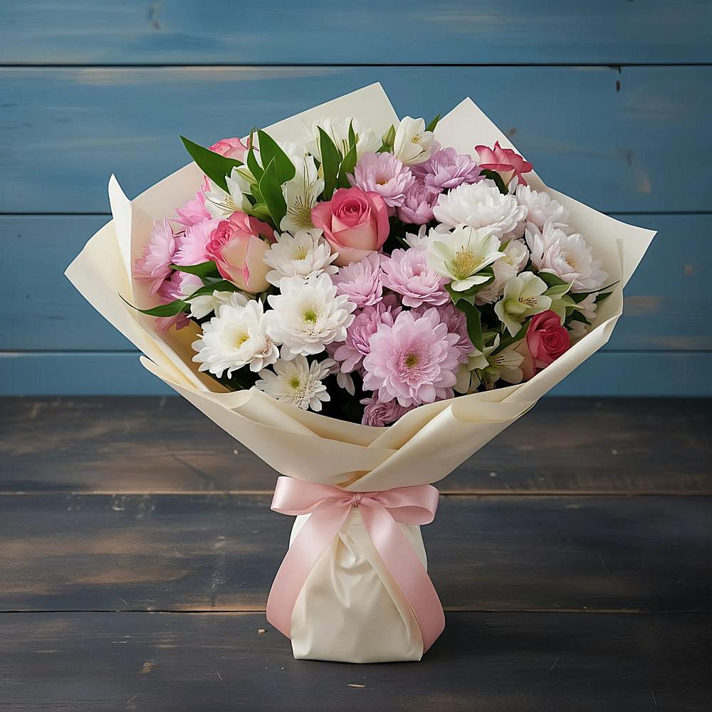 Букет цветов из: Хризантемы, Альстромерии и Розы в Никольское Ленинградская область